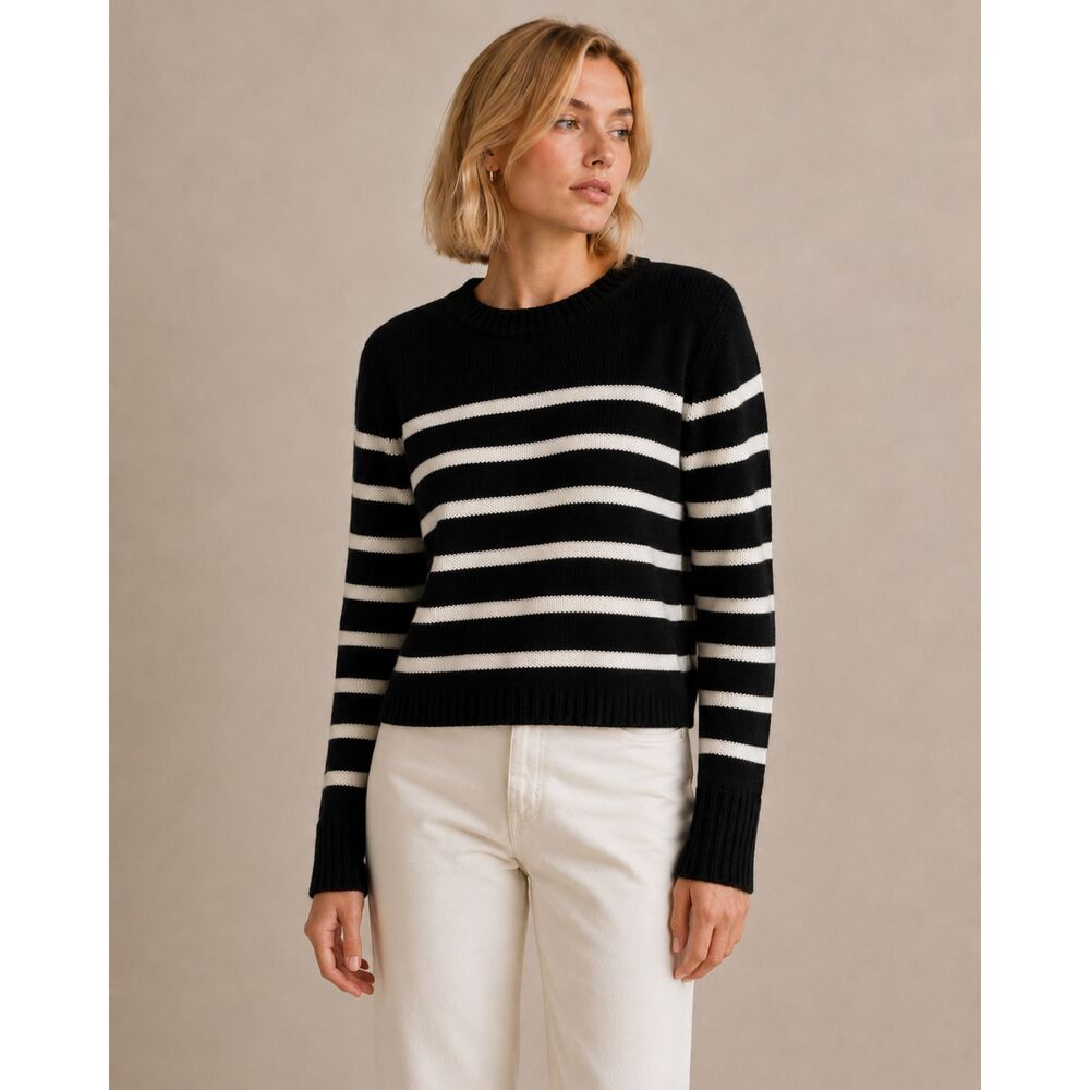 Aqua Cashmere 100% Cashmere Stripe Sweater Black White Women's L